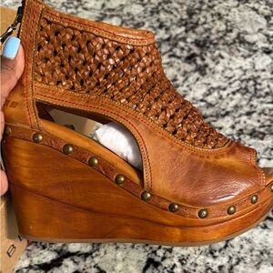 BED|STU Cognac Braided Leather Platform Wedge Sandals